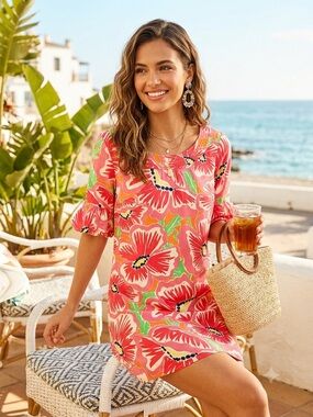 Lilly Pulitzer 100% Silk Floral Shift Dress Size 2 Pink Coral Poppy Ruffle Sleev
